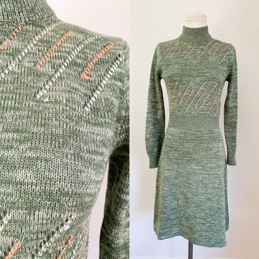 Vintage 1970s Green Space Dyed Sweater Dress / S 