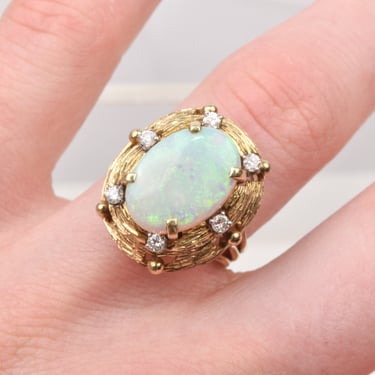 Mid-Century Opal Diamond Cocktail Ring In 14K Yellow Gold, Estate Jewelry, Size 7 US 