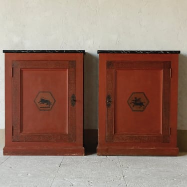 Pair of 20th C. Short Red & Black Painted Cabinets with Greek Motif