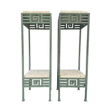 Pedestal Stands Pair with Greek Key Green Patinated Metal & Natural Stone 12x12x37 Tall - Vintage 2 Tier Square Plant Display End Tables Set 