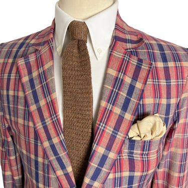 Vintage 1970s Custom Bleeding Madras Plaid Cotton Blazer ~ size 38 ~ lightweight jacket / sport coat ~ Preppy / Ivy League / Trad ~ 