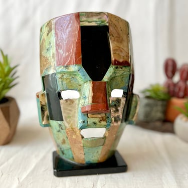 Aztec Warrior, Mayan Mask, Inlaid Abalone, Inlay Shell, Faux Turquoise, Mexico, Vintage Home Decor 
