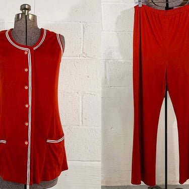 Vintage Reddish Orange Mod Pantsuit Jumpsuit Sleeveless Pants Suit Set Shirt Shirt Vest Lounge Minx TV Movie Costume Medium 1970s 