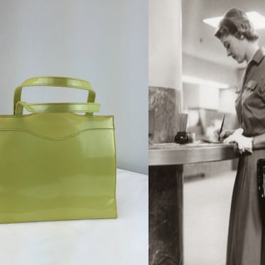 Banking Days in Style - Vintage 1950s 1960s Chartreuse Vinyl Faux Leather Handbag Purse - Rare Colour 