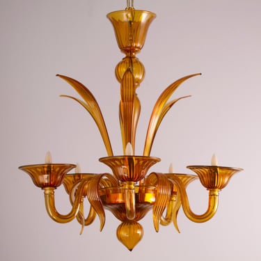 Elegant handcrafted Original Murano glass chandelier in amber color, handmade Made in Italy Venetian 