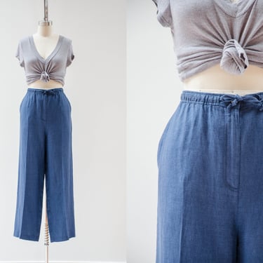 high waisted pants | 90s y2k vintage blue Irish linen drawstring waist wide leg pants 