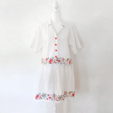 80s Does 40s Two Piece Set Cotton Shirt and Shorts with Floral Heart Rose Print and Rose Buttons | Large/Extra Large 