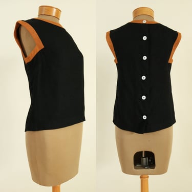 Vintage 70's Black and Orange Button Back Linen Sleeveless Blouse by Sport Whirl Designed by Jeanne Campbell 