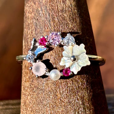 Sterling Silver Multi Gemstone Ring Butterfly Pearl Cubic Zirconia Shell Pink 