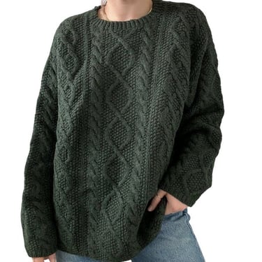 Vintage J Crew Mens Forest Green Hand Knit Cable Fisherman Preppy Sweater Sz L 