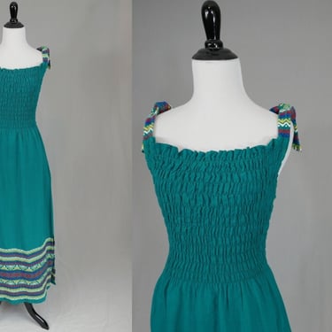 Vintage Sun Dress - Thick Green Cotton w/ Red Yellow White Blue - Shirred Stretch Bodice - Tie Straps - M 