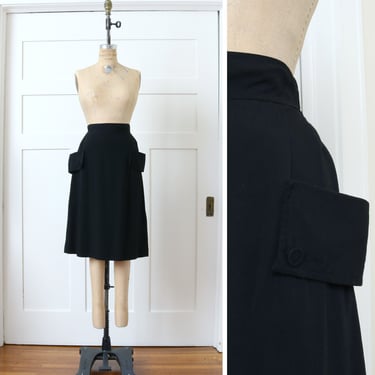 vintage 1940s black skirt • lightweight casual midi skirt with oversized big side pockets 