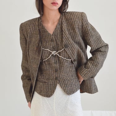 silk woven tweed neutral blazer and vest set 