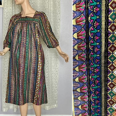 Vintage Caftan Dress, Vivid Pattern, Pockets, Mumuu, Gold Accents, Cotton Kaftan, Krist Gudnason 
