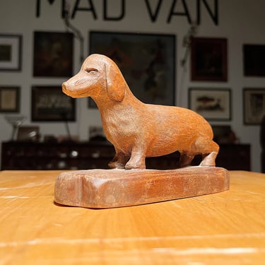 Tony Wons Folk Art Sculpture of Dachshund Dog - Signed Date 1955 - 1950s Animal Wood Sculptures - Rare Artwork from 1930s Radio 