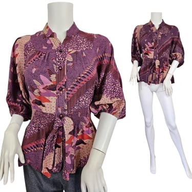 Peppermill 1970's Mauve Bird Print Blouson Peasant Top I Sz Med I Shirt I Blouse 