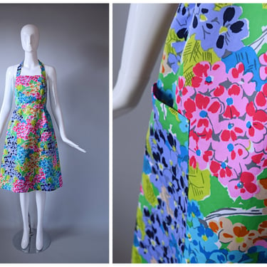 Vintage 1970s Tori Richard Honolulu Colorful Floral Halter Dress With Large Patch Pocket 