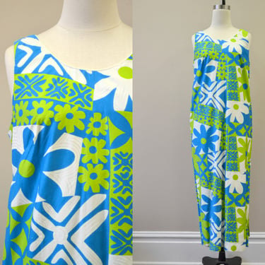 1960s Alice Polynesian Daisy Print Maxi Dress 