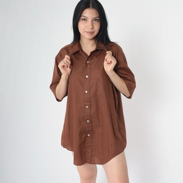 Vintage 70s Brown Shirt Short Sleeve Button Up Shirt Retro Preppy Collared Top Basic Simple Plain Chest Pocket 1970s Men's Large 16 1/2 