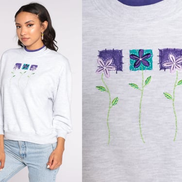 Graphic Floral Sweatshirt 80s Sweatshirt Flower Print 90s Grey Sweatshirt Mock Neck Vintage Medium 