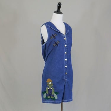 90s Denim Romper - Blue Jean Shortalls - Appliqued Frog, Dragonflies, Nautical Sailor Collar, Anchor Buttons - Haiks - Vintage 1990s - Large 