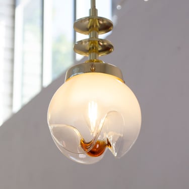 White shaded vintage Murano glass sphere pendant with amber decoration diameter 15 cm, space age italian design suspension lamp 