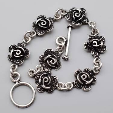 Gothic 80's 925 silver black enamel roses bracelet, edgy enameled sterling floral toggle clasp link bracelet 