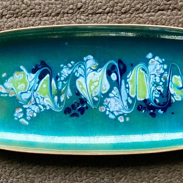 MCM 8” Green Blue Enamel on Copper Swirl Wave Art Piece Vintage Enamelware Oval Tray~ Artist Signed~Decorative Bold Beach Tones Trinket Dish 