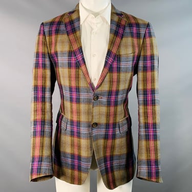 ETRO Size 40 Multi Color Plaid Linen Blend Notch Lapel Sport Coat