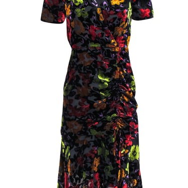 Milly - Multicolor Velvet Floral Short Sleeve Bodycon Dress w/ Ruching Sz 0
