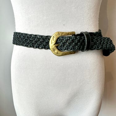 Vtg 90’s black braided woven belt~ bright gold glossy hammered buckle~ leather & cotton  Boho style/ open size up to 31” waist 