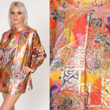 70s Disco Blouse Saks Fifth Avenue Tunic Top Glittery Gold Floral Medallion Abstract Print Shirt Mock Neck Long Sleeve Vintage 1970s Medium 