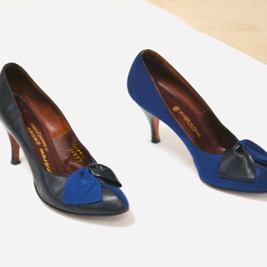 50s Vintage High heel pumps 7 1/2 1950s Black Leather Blue Suede Bow High Heels Pumps Shoes 7 1/2 7.5 8AA Miller and Paine Andrew Geller 