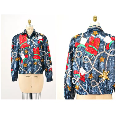80s 90s Vintage Sequin Jacket Large XL Blue Metallic Gold Stars Rodeo Rhinestone Cowboy Cowgirl Sequin Jacket USA America Stars Rodeo Modi 