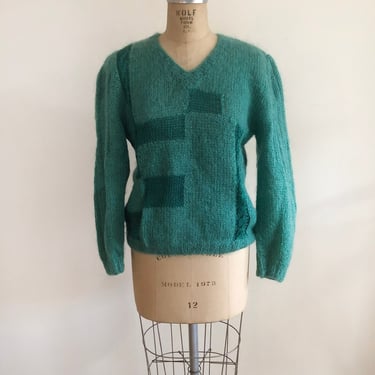 Teal Patchwork Intarsia Mohair Sweater - 1980s 