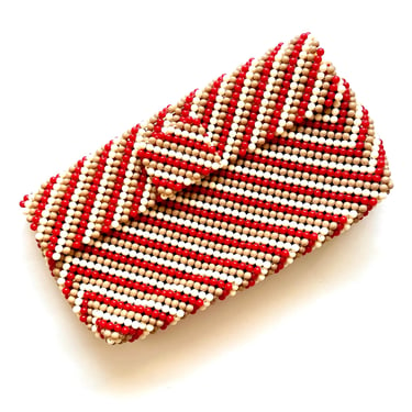 Vintage 60s Mod Big Beaded Bag 1960s Red White Striped Handbag Clutch Purse 