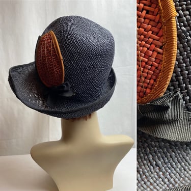Fabulous vintage hat cloche style 1960’s does 20’s look~ beautiful navy blue with organic shapes straw woven versatile/Larger size 