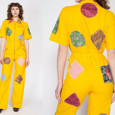 Medium 70s Yellow Patchwork Coverall Jumpsuit | Retro Vintage Collared Straight Leg Zip Up Boiler Suit One Piece Outfit 
