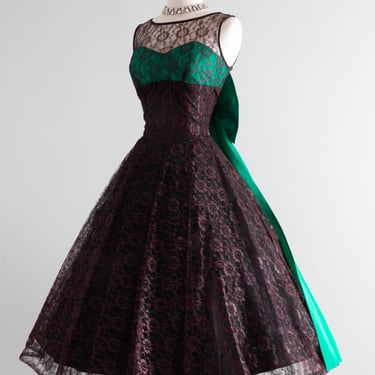 Stunning 1950's Emerald Bow &amp; Illusion Lace Holiday Party Dress / Medium