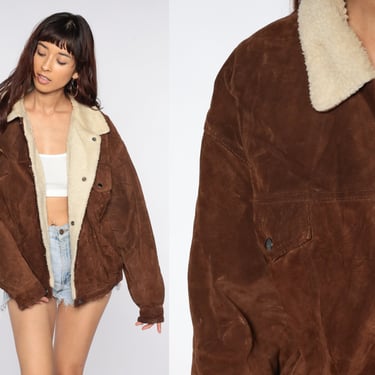 Suede Sherpa Jacket 80s Brown Leather Flight Jacket Shearling Bomber Coat Hippie Jacket Moto 1980s Hipster Bohemian Large L 