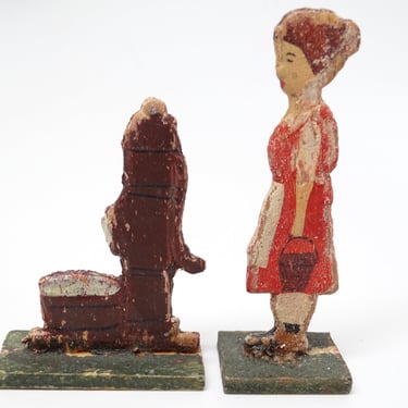 Wooden German Woman with Pump on Wood Stands, Pressed Embossed Wood Stand Up Farm Toy 