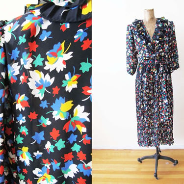 Vintage 80s Susan Freis Ruffle Dress S - 1980s Black Multicolor Flora Leafl Pleated Skirt Sundress 