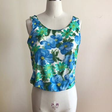 Sleeveless Blue Floral Top - 1960s 