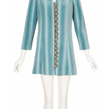 Jacqueline Familiant 1960s Vintage Powder Blue Striped Cotton Velvet Tunic Dress Sz S M 