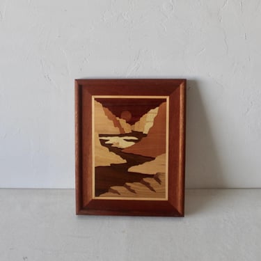 Italian Inlaid Wood Picture Marquetry  Vintage Mid Century Mountains River Scene 