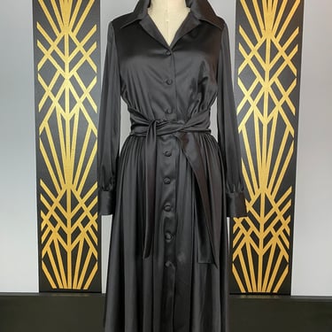 1970s shirtwaist dress, slinky black polyester, vintage 70s dress, ned Gould, nr1, yoked tie waist, disco style, full skirt, balloon sleeves 