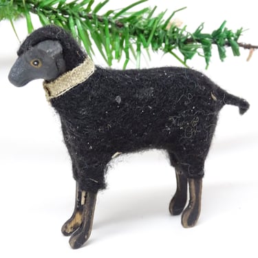 Antique German Wooly Black Sheep, Vintage Toy Lamb for Putz or Christmas Nativity Creche 