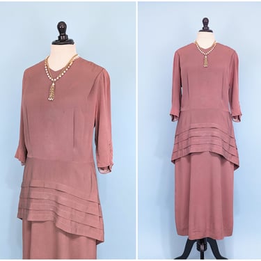 Vintage 1940s Mauve Rayon Crepe Dress, Vintage 40s Medium/Large Pleated Peplum Skirt Gown 