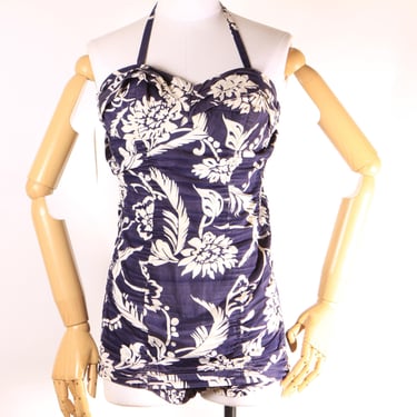 1950s Dark Blue and White Floral Hawaiian Ruched One Piece Swimsuit by Made in Hawaii -S 