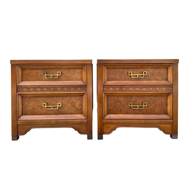 Set of 2 Henry Link Mandarin Burl Nightstands - FREE SHIPPING - Vintage Chinoiserie Wood Hollywood Regency Asian Style Two Drawer End Tables 